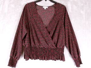 BP Nordstrom 2X Black Red Floral Smocked Peplum Faux Wrap Blouse